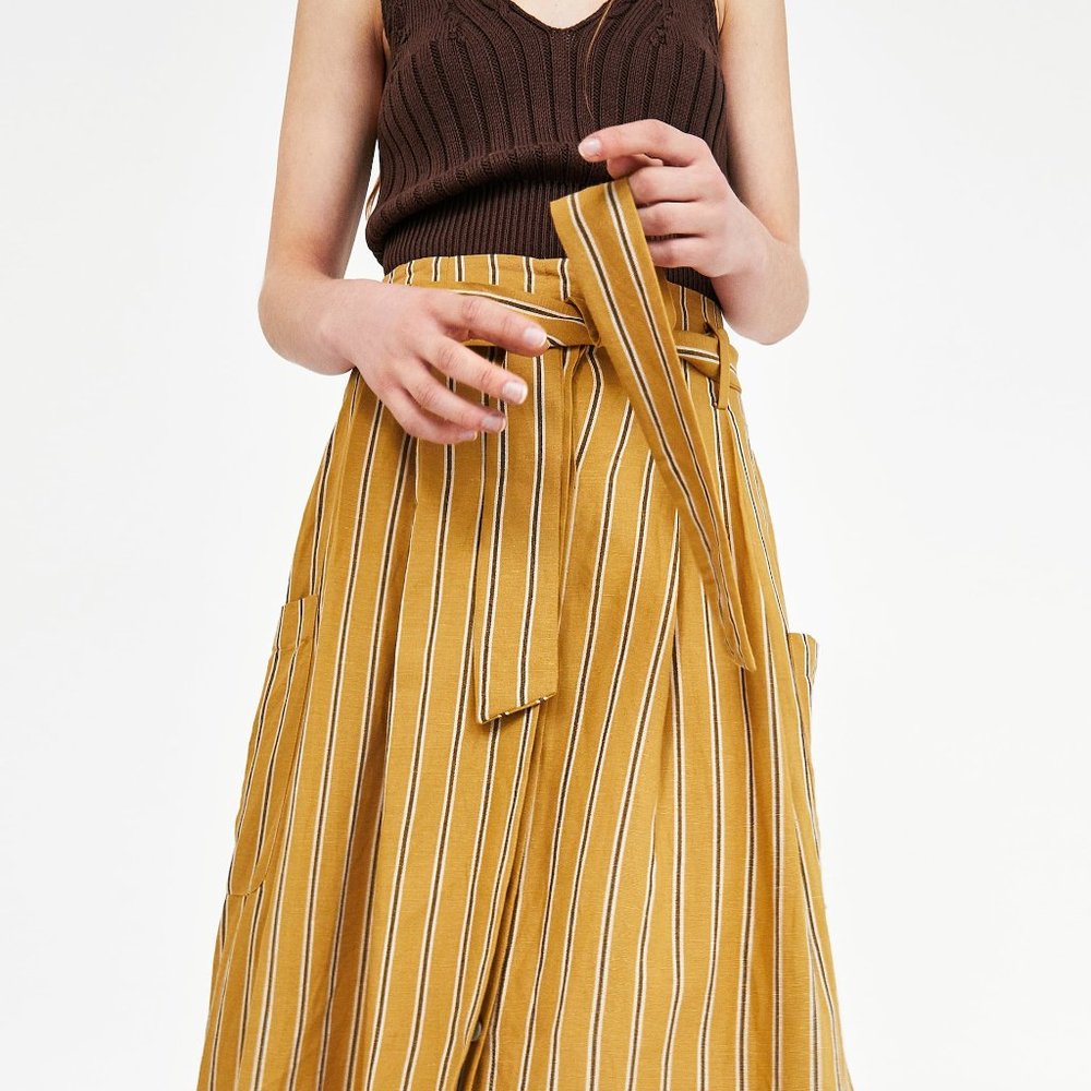 Zara Voluminous Linen Blend Striped Skirt with Bow Detail - Picture 6 of 8